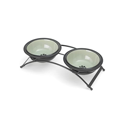 Petrageous 44338 Buddys Best Steel Frame Non-Skid Raised Dog Bowl Feeder 13-Inch By 5.75-Inch By 3-Inch Tall Anti Slip Dog Diner With 2 Dishwasher Safe Stoneware 6-Inch 2-Cup Capacity Bowls, Green #TOP6