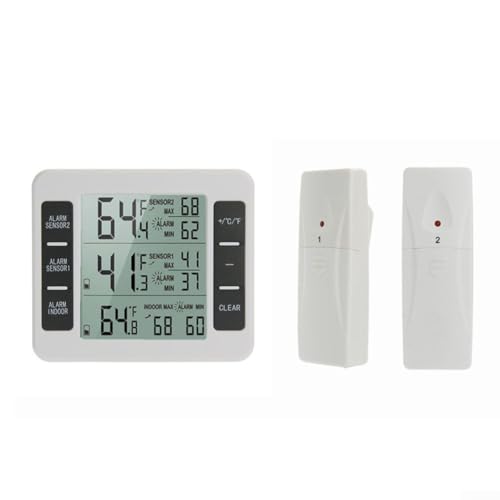 Zilimontt Termómetro digital inalámbrico para refrigerador y congelador con sensor de temperatura interior y exterior, pantalla LCD, alarma de temperatura alta/baja, Celsius/Fahrenheit (sensor 2x)