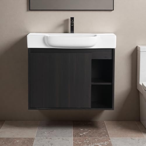 Image of 28 inch Bathroom Vanity with Ceramic Sink, Modern Wall-Mounted Bathroom Vanity with Soft-Close Door & 2 Open Storage Shelves, Farmhouse, Undermount Storage Cabinet, Easy to Clean, Dark Oak