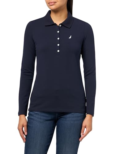 Nautica Women's Jeans Long Sleeve Solid Collared Polo Shirt, Night Sky, Medium