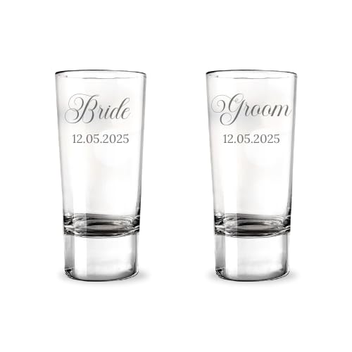 Bride & Groom Shot Glass Set with Wedding Date - Custom Engraved Glassware for Special Date - Elegant Keepsake Gift for Weddings, Couples, and Anniversaries - Premium Quality Glass Set