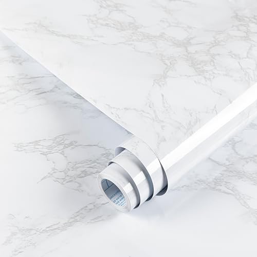 Hode Papier Adhesif pour Meuble Blanc Marbre, Rouleau Vinyle Adhesif, Impermeable Film Autocollant Meuble, Papier Peint Decoratif pour Mural Cuisine Comptoir...