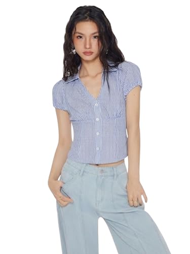 Image of Women V-Neck Puff Sleeve Crop Top with Back Tie-Up Detail