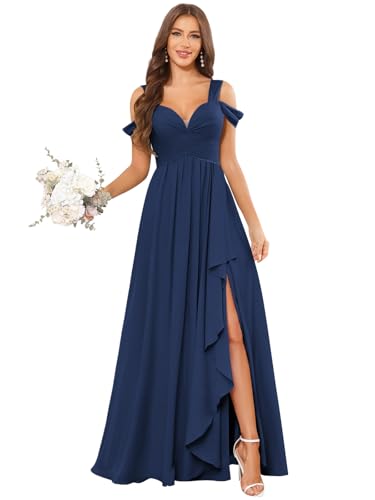 Off The Shoulder Bridesmaid Dresses for Women A-line Ruffle Chiffon Long Evening Formal Dress with Slit