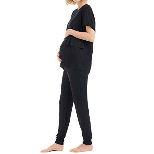 Herzmutter Stillpyjama-Umstandspyjama - Schwangerschafts-Pyjama mit Muster - Pyjama-Set für Schwangere-Wochenbett - Kurzarm-Schlafanzug für Stillzeit-Stillfunktion - 2950 (XXL, Schwarz/Tupfen) Cover