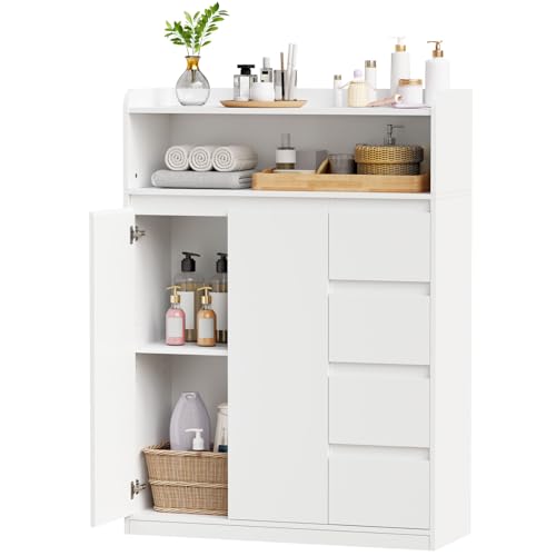 ANWBROAD Armario de Baño, Armario de Baño Moderno con 4 Cajones, 2 Puertas y Estantes Ajustables, Cómoda para Baño, Salón, Cocina, Blanco, 110 × 80 × 30 cm, SBC015W