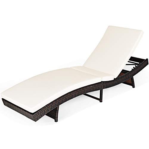 Tangkula Outdoor Folding Chaise Lounge, Rattan Patio Lounge Chair with Removable Thick Cushion, 5 Adjustable Levels, Leisure Reclining Wicker Lounge Chair for Garden, Pool Side, Balcony (1, White)