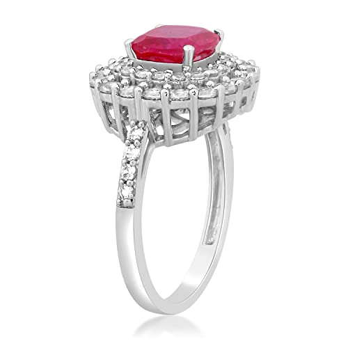 Jewelili Sterling Silver 7x7 MM Cushion Created Ruby and Round Created White Sapphire Halo Ring, Size 64