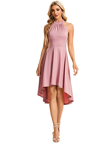 Ever-Pretty Vestido de Dama de Honor Vintage sin Mangas A-línea Escote Halter Alto Bajo para Mujer Elegantes Rosa Polvorienta XL