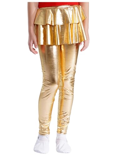 Kids Girls Metallic Tutu Leggings with Ruffle Skirt Sparkly Shiny Stretchy Skirted Pants Dance Pantskirt2