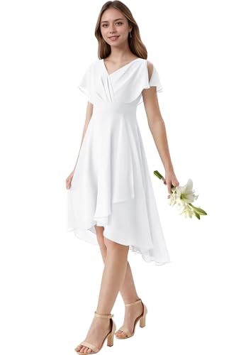 Chiffon Junior Bridesmaid Dresses for Teen Girls Ruffle Short Sleeve Flower Girl Dresses for Wedding