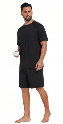 Image of Mens Pajamas Set Lightweight Summer Pjs Sleepwear Soft Comfy Short Sleeve Loungewear With Pocket (S-4X)