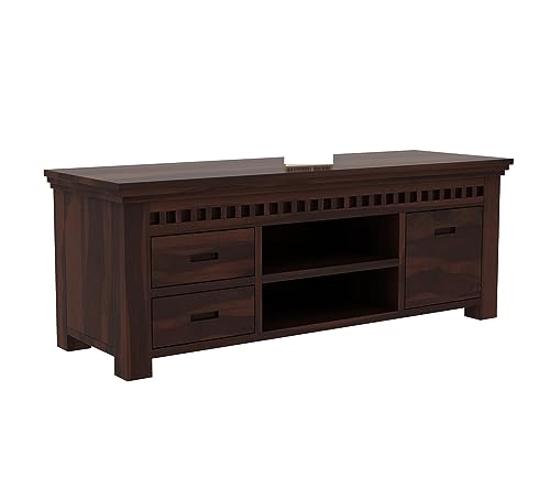 Image of Premium Solid Sheesham Wood TV Unit for Living Room: 2 Drawers, 2 Shelves, and 1-Door Storage - Accommodates up to 50-Inch TV (Declan, Walnut Finish)