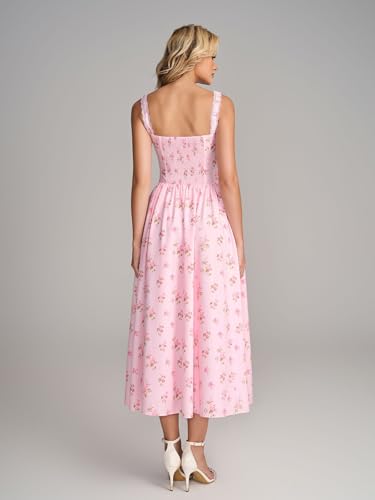 Image of KUTUMAI Women Summer Corset Midi Floral Wedding Guest Dresses with Pockets | Lace Neck, Smocked Back, Flowy A Line Sundress for 2026 Engagement Photoshoot Bridal Shower Garden Party