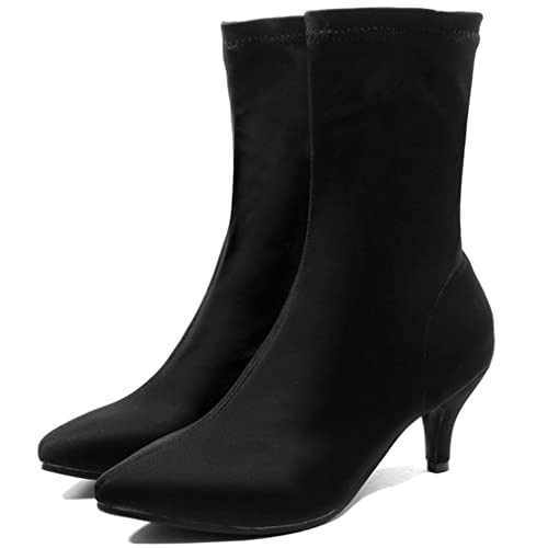 Meefit Women Pointy Kitten Heel Boots Stretch Sock Booties Low Heel Ankle Boots(Black,Us8) #TOP3
