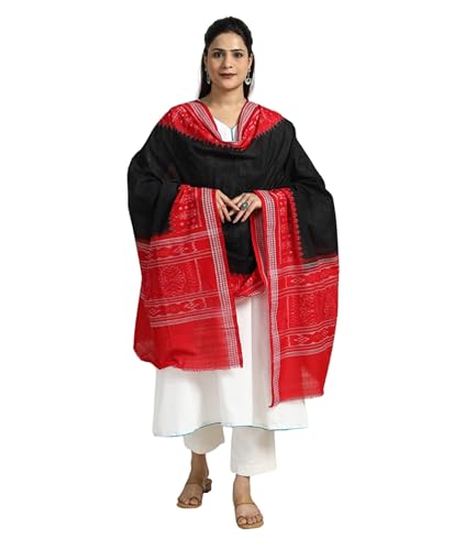 Image of Cotton Dupatta with weaving and Ikat woven border from the Weavers Stole for Girls & Women