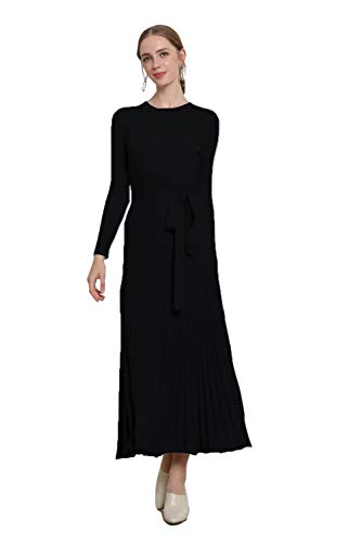 Image of Women's Long Knit Crewneck Sweater Dress Tie Waist A-Line Swing Pleated Bodycon