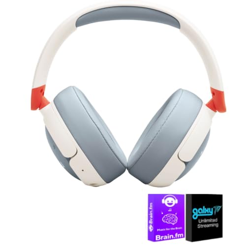 JBL Junior 470NC Kids Wireless Over Ear Noise Canceling Headphones White Bundle with AudioTrends Accessories Bluetooth Headphones for Children Safe Sound Technology Built-in Microphone