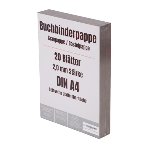 Bastelpappe Graupappe DIN A4, 20 Blatt Buchbinderpappe, 2,0 mm Stärke, 1300 g/m², Glatte Oberfläche, 210 x 297 mm, für Buchbinden, Basteln, Kalender, Bilderrahmen
