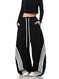 EMMIOL Women’s Y2K Baggy Barrel Striped Sweatpants, High Waisted Wide Leg Pants, Joggers with Drawstring Waist and Cuffs Black