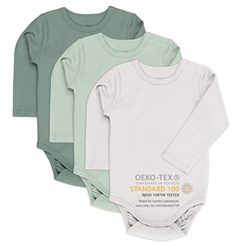 LaLoona Baby Body Langarm 3er Pack - Langarmbody Set aus Baumwolle, Bodies mit Knöpfen für Jungen und Mädchen, ÖkoTex Standard 100 geprüft - Grün - 86-92 Cover