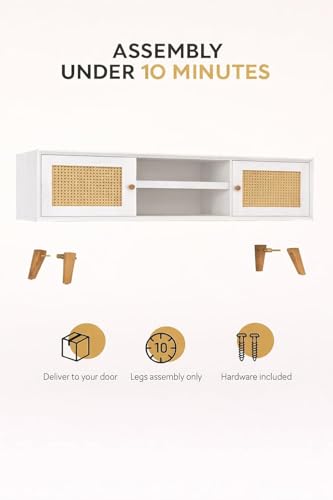 Image of TV Stand for 65 inch TV, Dark Chocolate (White Colour) | Premium Solid Wood, 10 Minutes Assembly (Legs Only), Aesthetic Rattan Doors, Mid Century Entertainment Center