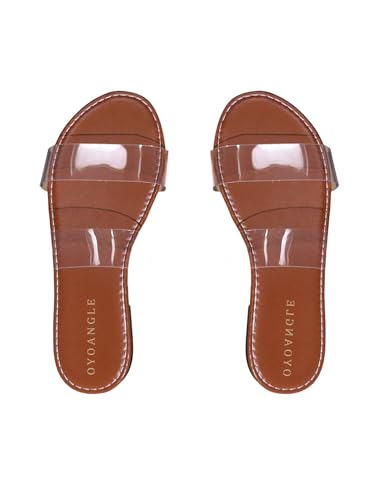 OYOANGLE Women's Clear Strap Flat Sandals Open Toe Double Band Casual Slide Sandals