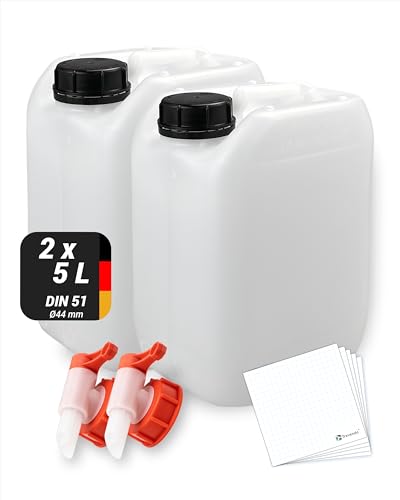 Trevendo Juego de 2 bidones de agua de 5 litros, apto para alimentos y sin BPA, ideal para el suministro de agua en el camping, incluye grifo y tapón de rosca