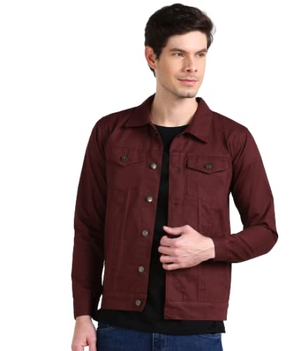 MONTREZ Men Red Denim Jacket Maroon - Image 1