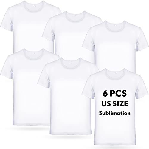 Handepo 6 Pcs Men Sublimation Blank T Shirt White Polyester Short Sleeve Blank Crew Neck T Shirts for Printin