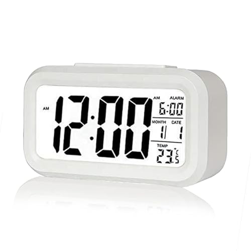 Image of REACHER Digital Alarm Clock for Heavy Sleepers, Digital Clock Table Clock for Study Table, Students,Office | Alarm Clock for Bedroom with Loud Sound, Automatic Sensor,Date & Temperature (White,Medium)
