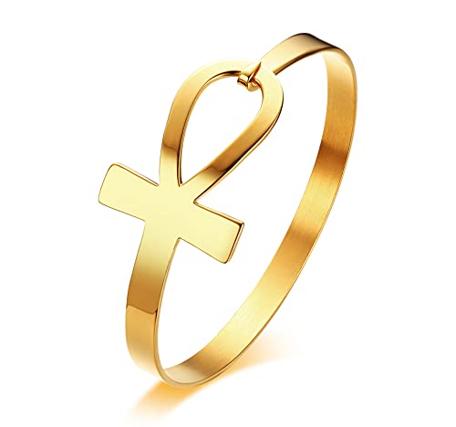 Hisatan Stainless Steel Egyptian Ankh Cross Key of Life Open Cuff Bangle Bracelet for Women