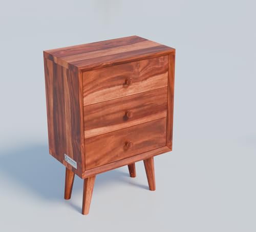Image of Jangid Handicraft Solid Sheesham Wood Bedside Table for Bedroom | Wooden Bed Side Nightstand End Table with 3 Drawer Storage for Home & Living Room | Sofa Side Table |Rosewood, Honey Finish