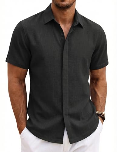 COOFANDY Camisa Hombre Manga Corta Verano 100% Algodón Camisas Hombre Casual Regular Fit Negro XXL