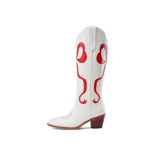 Image of Women's White Cowgirl Boots with Bow Knee High Cowboy Boots Almond Round Toe Chunky Heel Embroidered Western Cowboy Boots for Women