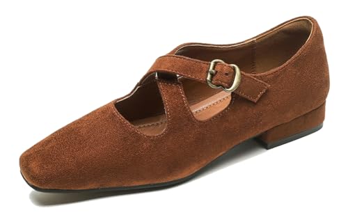 Suede Mary Jane Flats for Women Dressy Pointed Toe Ballet Flats Shoes Low Heel Buckle Strap Flat Shoes Comfortable Slip on Work Dress Shoes