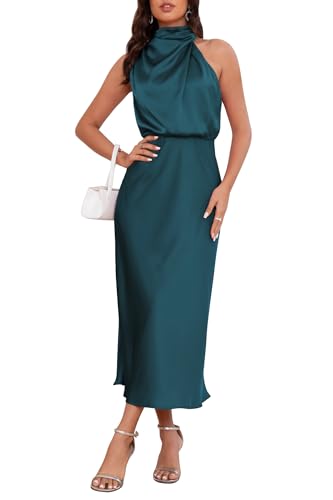 Image of Women's Satin Maxi Dress Summer Formal Wedding Guest Cocktail Dress | Mock Neck Sleeveless,Elegant Silk Midi Long Dress,High Neck,Halter,Aline,Bridesmaid,Bridal Shower Guest,Garden Party,Dinner