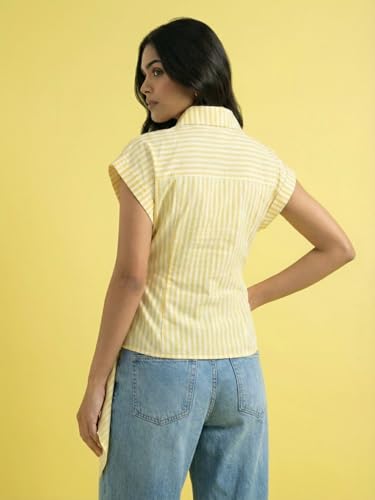 Image of Wrap Style Striped Women Cotton Shirt Drop Shoulder Casual Wear