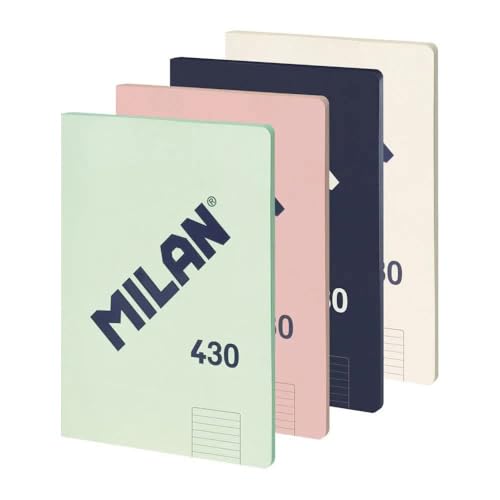 MILAN® Pack 4 libretas A4 encoladas, papel a líneas (7 mm), 48 hojas de 95 gr/m², colección goma MILAN 430