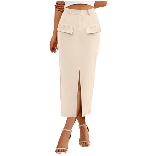 Women High Waisted Cargo Midi Pencil Skirt Trendy Dressy Summer Casual Split Front Business Work Long Skirts4