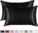 Lirex Lot de 2 Taie d'oreiller Satin, Taille de King Housse de Coussin en Soie Doux Couleur Unie Taie d'oreiller Carrée, Respirant Résistant à la Décoloration (Noir, 40x60cm)