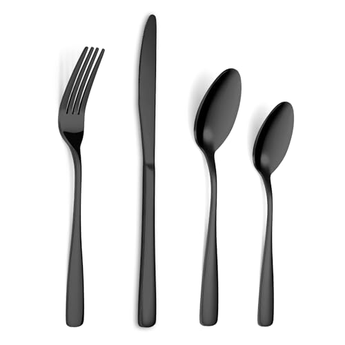 BEWOS 32 Pcs Stainless Steel Cutlery Set for 8 People - Black Cutlery with Ergonomic Handle Black Knife and Fork Sets Ideal for Family Dining Camping Mirror Polished & Dishwasher Safe