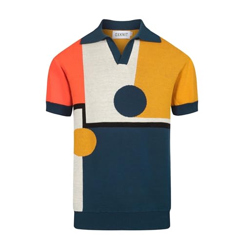 Men's Retro Knitted Poloshirt, 1960s Mod Vintage Contrasting Colors Polo V-Neck Cotton Short Sleeve