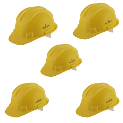 Image of KARAM PN501 Safety Helmet for Men Industrial and Construction Use| Manual Adjustment Type with Adjustable Chin Strap| Triple Corrugation and is Certified Safety Helmet (Yellow)(Pack of 5)
