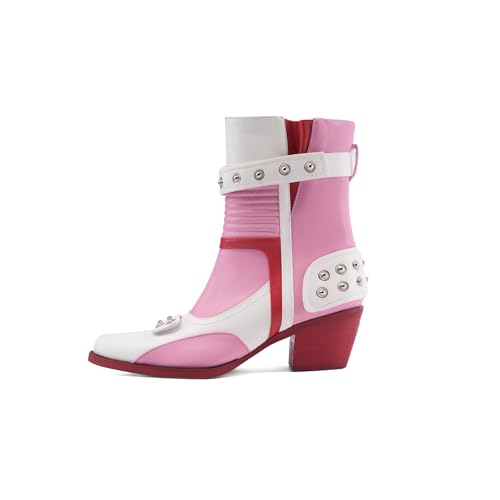 Tsrenlmln Ankle Boots for Women Pointed Toe Heel Rivet Western Cowboy Boots With Tassel Womens Cowgirl Booties Slip-On pink boots red sole2