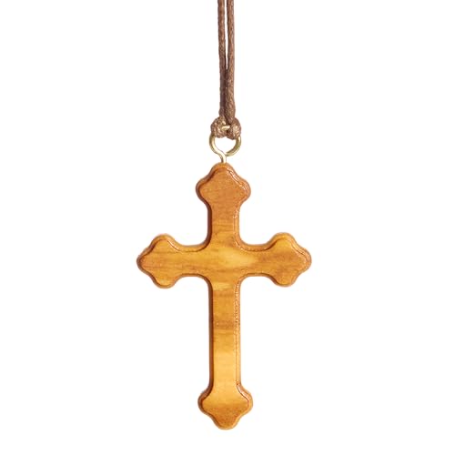 Nazareth Fair Trade Orthodox Olive Wood Cross Necklace Pendant Handmade in Nazareth, Golden Brown