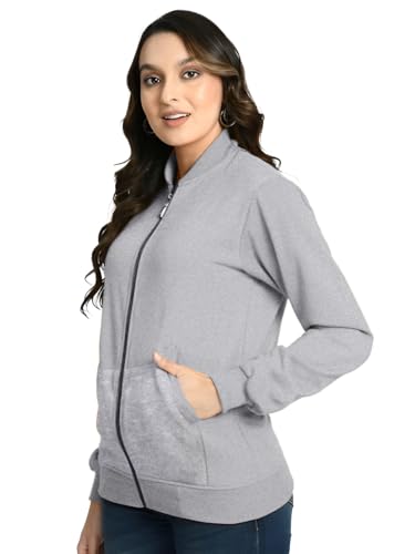 Image of LEOTUDE Women Lightweight Solid Grey Bomber Jacket Material Loopknit