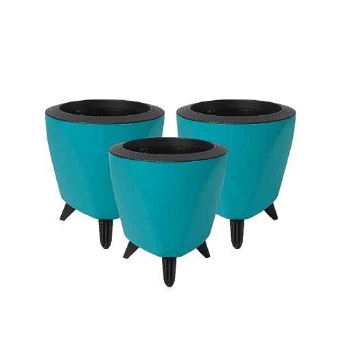 Image of Garden Art (Pack of 3 Indoor Outdoor Self Watering Planter Home Living Room Office Tabletop Decorative Plastic Flower Pot 5.1 Inch (Teal, 3) PPLAT