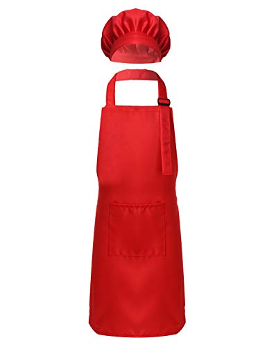 Mufeng Kids Children kitchen Chef Costume Cooking Apron and Hat Set Cooking Baking Set Halloween Cosplay Costumes Red L