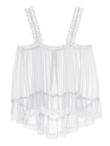 Men's Sissy Lace Floral Tank Top Ruffle Straps Mesh Undershirt Camisole Transparent Vest Top4